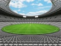 3D render of a round cricket stadium with white seats and VIP boxes