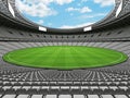 3D render of a round cricket stadium with white seats and VIP boxes