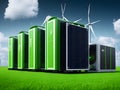 3D render of a row of green energy panels with wind turbines Royalty Free Stock Photo