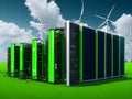 3D render of a row of green servers with wind turbines in the background