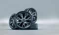 3d render of rubber tires on cast steel rims. Wheel sale concept. Auto repair shops
