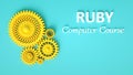 3d render of Ruby computer course with composition of gears on blue background. Online learning. Software development or