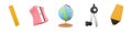 3d render ruler, sharpener, globe, compasses, marker icon set on white background. 3d rendering ruler, sharpener, globe Royalty Free Stock Photo