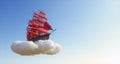 3d render of sailboat with scarlet sails on the cloud in the blue sky.