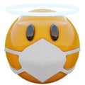 3D render of saint innocent angel yellow emoji face in medical mask protecting from coronavirus 2019-nCoV