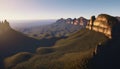 3d render of sandstone mountains in the desert at sunset. Blue Mountains Australia. Generative AI