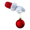 3d render. Santa Claus cartoon character hand holds hanging red glass ball. Christmas social icon. Festive clip art isolated on