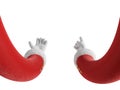 3d render, Santa Claus cartoon character hands wear red sleeves and white gloves. Christmas holiday clip art isolated on white