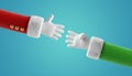 3d render, Santa Claus and elf cartoon characters hands wearing white gloves, handshake gesture. Christmas clip art isolated Royalty Free Stock Photo