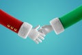 3d render, Santa Claus and elf handshake gesture. Christmas cartoon characters hands wearing red and green sleeves and white Royalty Free Stock Photo