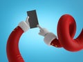 3d render, Santa Claus flexible hands in red sleeves with white fur hold black mobile phone device, blank card, wireless gadget.