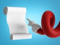 3d render, Santa Claus hand in red sleeves with white glove, shows at white paper scroll, blank letter page, wish list mockup.