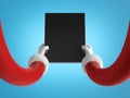 3d render, Santa Claus hands in red sleeves with white fur hold black mobile device, blank board, wireless gadget. Funny cartoon.