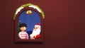 3D Render Of Santa Claus Offering Gift Box To Young Boy At Window Decorated By Golden Jingle Bells With Half Wreath On Burnt Umber