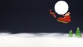 3D Render Of Santa Claus Riding Reindeer Sleigh With Christmas Trees On Full Moon Blue And White