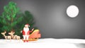 3D Render Of Santa Claus Standing With Reindeer Sleigh, Spruce Tree And Copy Space On Full Moon Snowy Gray
