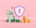 3d render save and protect money online on pink background. Banknotes, coins and protective shields. Bank security from financial