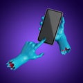 3d render, scary blue zombie hands hold smart phone gadget, mobile device with blank screen mockup. Halloween clip art