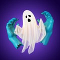 3d render, scary ghost character and blue zombie hands, halloween clip art isolated on violet background. Royalty Free Stock Photo