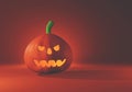 3D render of Scary Jack O Lantern Halloween pumpkin dark orange color head with candle light inside on dark orange background