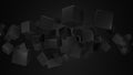 3D render of scattered black cubes levitating on black