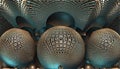 3D render of three metallic Menger balls