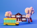 3d render of school building, trees and school bus on blue background in neon colors. Back to school concept