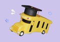3D render school bus and graduate hat icon isolated on pastel background. icon symbol clipping path. education. 3d