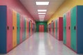 3D render of school corridor with colorful lockers, bright colors