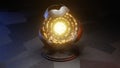 3D Render. Sci-fi object with glowing energy at center. Rotation metal sphere with chaotic structure