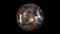 3D Render. Sci-fi object with glowing energy at center. Rotation metal sphere with chaotic structure