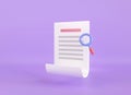 3d render search document icon paper. isolated on purple background. worksheet project plan in office. Assignment and review. 3d