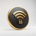 3D render of a secure Wi- Fi symbol icon with a padlock on a black circular background and gold trim Royalty Free Stock Photo