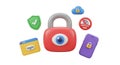 3D Render of Security Lock with Shield Cloud Fingerprint and Devices for Cyber Protection Royalty Free Stock Photo