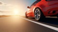 3D render of a sedan driving towards the sun on a road. This concept illustration can be used for advertising automotive products