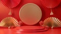 In this 3D render, we see an empty showcase template decorated with folded paper fans, Chinese style. An abstract red Royalty Free Stock Photo