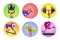 3d render, set of assorted icons for fitness blog, round stickers with hands legs and sportive equipment, social account design. Royalty Free Stock Photo