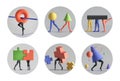 3d render, set of assorted round stickers with surreal geometric shapes with human legs, modern minimal icons for social account