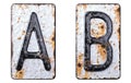 3D render set of capital letters A, B made of forged metal on the background fragment of a metal surface with cracked Royalty Free Stock Photo