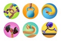 3d render, set of colorful round gym training stickers with hands legs and equipment, modern fitness icons for social account Royalty Free Stock Photo