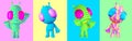 3d render set creative funny Aliens. Cosmic trendy vibes