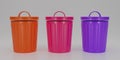 3D render set of empty orange, pink, purple trash icon Cartoon minimal style on white background, environment concept, waste,