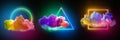 3d render. Set of neon geometric shapes and colorful clouds. Abstract minimal background. Fantasy design elements Royalty Free Stock Photo