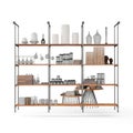 3D render of a set of sleek steel shelves with an assortment of kitchen items