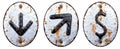 Set of symbols arrow to down, up arrow, dollar made of forged metal on the background fragment of a metal surface with Royalty Free Stock Photo