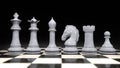 3d render of a set of white chess pieces on a marble board. Black background Royalty Free Stock Photo