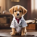 3D render of puppy wearing health worker\'s uniform
