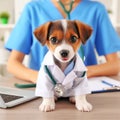 3D render of puppy wearing health worker\'s uniform