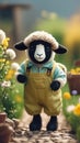 3D render of sheep wearing gardener\'s uniform