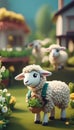 3D render of sheep wearing gardener\'s uniform